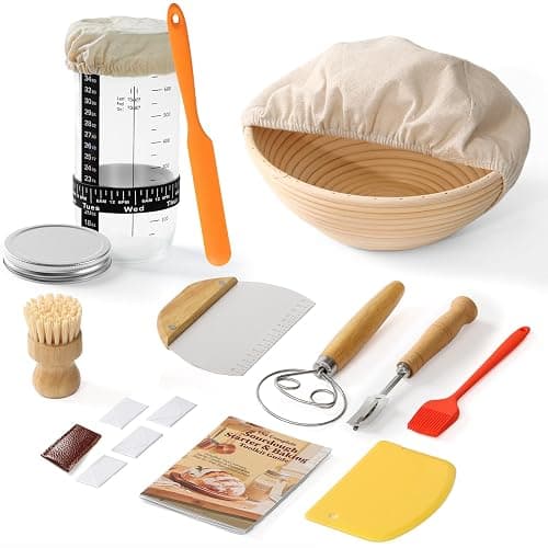 Complete Bread Proofing Basket Kit | All-in-One Set with Banneton(9 in), Sourdough Starter Jar Kit, Bread Lame, Dough Scraper, Whisk, Cutter & Tools - Image 1