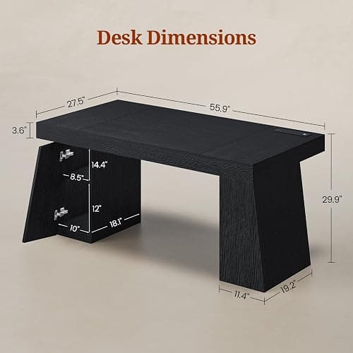 UPOSOJA 55.9 in Executive Desk with Power Outlets, Modern Home Office Desk with Storage Cabinet, Wood Computer Desk Business Workstation Desk Conference Table, Black (Storage Cabinet) thumbnail 2