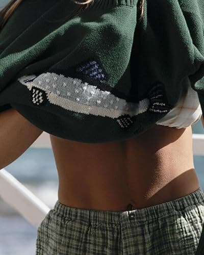 Y2k Fish Graphic Crochet Chunky Sweater Women Vintage Cottagecore Oversized Streetwear thumbnail 6