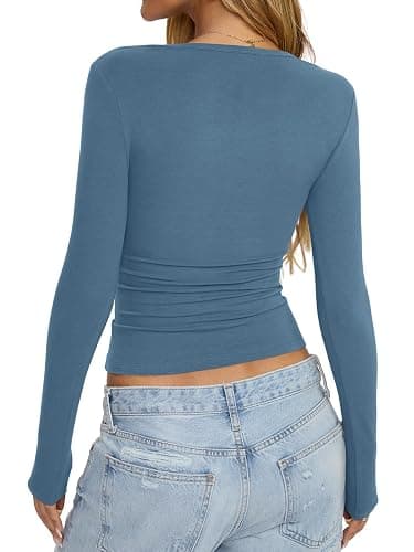 EasyGala Womens Cotton Long Sleeve Henley Shirts Sexy Square Neck Tops Slim Fit T-Shirt Trendy Outfits Fall Clothes 2026 thumbnail 6