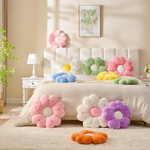 Flower Throw Pillow, Cute Daisy Cherry Blossom Flower Shaped Throw Pillow 15.7In White Floor Cushion for Home Bedroom Sofa Chair Couch Decor thumbnail 6