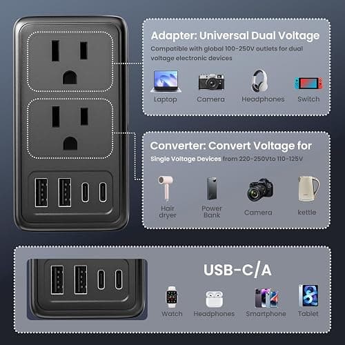 2000W Voltage Converter US to Europe, with 2 USB A and 2 USB C Ports | 220V to 110V Converter for European Travel for Hair Dryer, Travel Adapter Converter Combo thumbnail 4