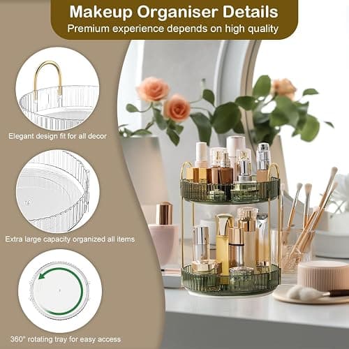 Cnwinu Make Up Organizer Drehbar,Schminktisch Organizer Rund,badezimmer organizer,Parfüm Regal,Beauty Organizer,Kosmetik Organizer für Kosmetik Skincare Parfum (2 Schichten Champagnergold) thumbnail 4