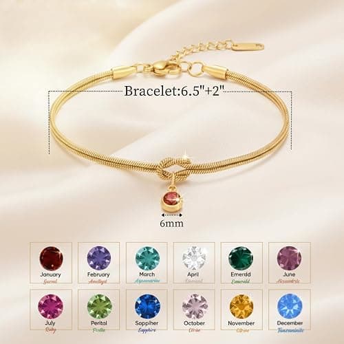 Gold Birthstone Bracelets for Women- Dainty Love Knot Snake Chain Bracelet Stack Adjustable, Trendy Personalized Friendship Birthday Christmas Jewelry Gifts for Mom Daughter Sister Friend thumbnail 3