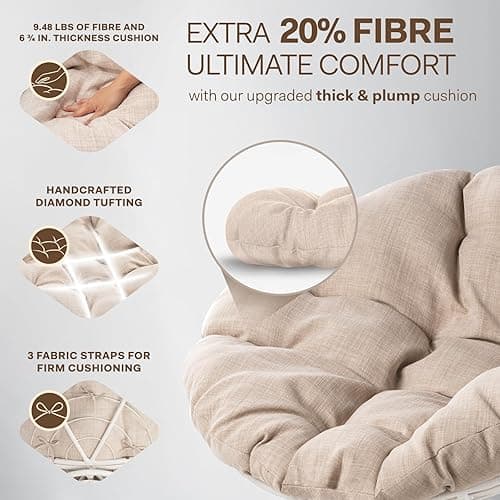 Bme 40" Ergonomic Wicker Papasan Chair with Soft Thick Density Fabric Cushion, High Capacity Steel Frame, 360 Degree Swivel for Living, Bedroom, Reading Room, Lounge - Upgrade Cushion - Classic 40" - Sephia Sand - White Base thumbnail 4