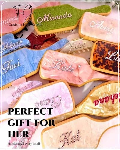 Custom Hair Brushes for Women,Personalized Hair Brush with Colorful Name,Customized Natural Wooden Bamboo Brush,Handmade Rhinestones Hairbrush for Massaging Scalp(Pearl White-Square) - Pearl White-Square thumbnail 5
