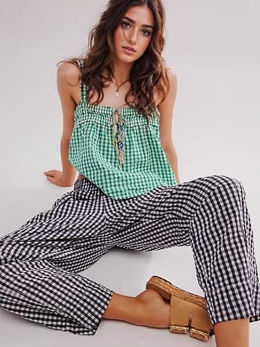 YKR Plaid Pants for Women Gingham Lounge Wide Leg Low Waist Pajama Pants Elastic Waist Trousers with Pocket thumbnail 5
