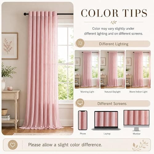 MEETSKY Pink Curtains for Girls Bedroom 96 Inches Long Light Filtering Semi Sheer Curtains for Living Room Grommet Nursery Window Drapes Privacy Soft Boho Farmhouse Style, 52" x 96", 2 Panels thumbnail 7