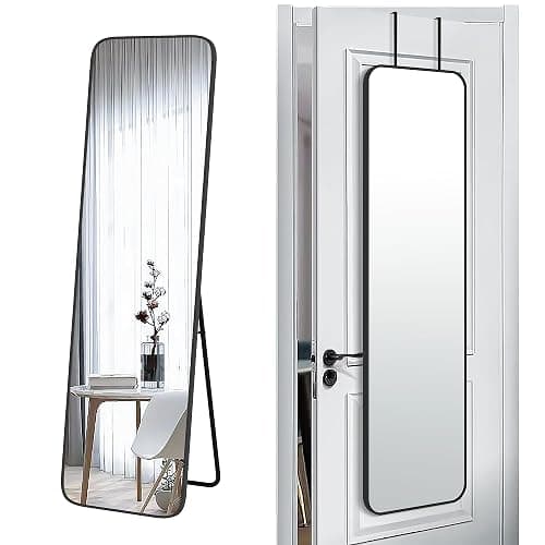 SCWF-GZ 57x16 Door Hanging Full Length Mirror, Floor Stand (Height 5.7ft just Body in1.3ft) Wall Mounted Metal Frame Rectangle Dressing Mirrors for Bedroom Bathroom Room 57 inch Black - Image 1