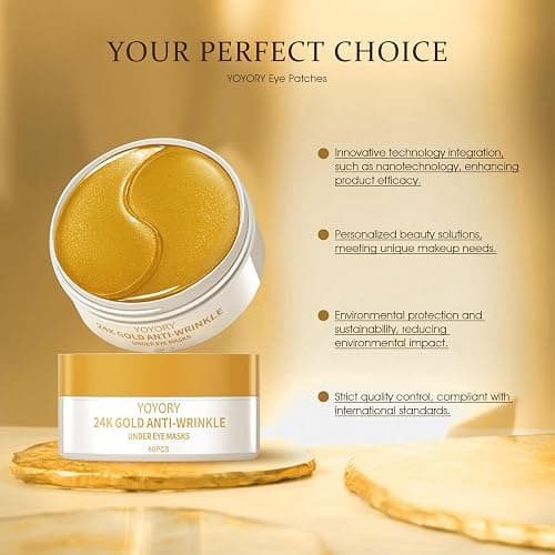 YOYORY Hydrogel Eye Patches for Dark Circles, Puffy Eyes & Wrinkles - Collagen & Hyaluronic Acid Infused Under Eye Masks, Hydrating Firming Care, Fine Lines,Eye Bags Reduction (60 Pcs) Gold thumbnail 8