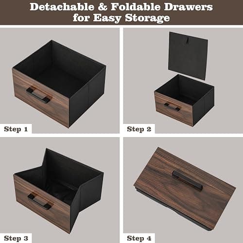 COSTWAY Nightstand with 2 Fabric Drawers, 3-Tier Bedside Sofa Side Table with Open Shelf, Metal Frame, Industrial End Table for Bedroom, Living Room, Dormitory, Walnut thumbnail 7