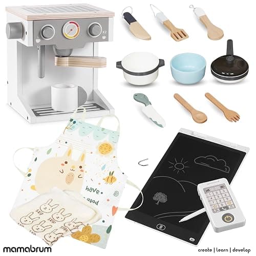Mamabrum Cuisine en Bois pour Enfants 3+, Cuisinière à Jouets Interactive XXXL avec Éclairage LED, Cafetière et Accessoires - Pots, Ensemble Légumes et Fruits - Jusqu'à 50 Pièces thumbnail 8