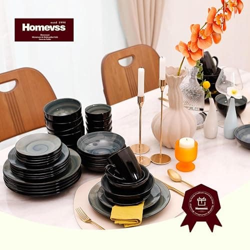 HomeVss, Stoneware Sonoma Dinnerware Set, Black + Speckled Spin Wash (56pc Set, Blue) thumbnail 5