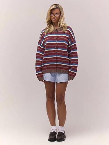 SOLY HUX Women's Y2K Striped Color Block Oversized Cardigan Sweater | Colorful, Long Sleeve Drop Shoulder Cardigans, Sweater Knit Jacket, Button Down thumbnail 4
