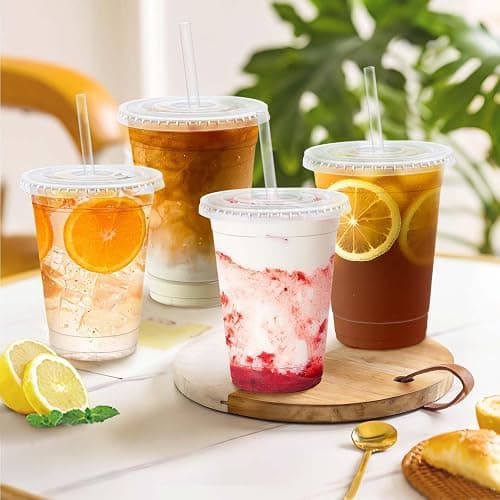 Clawsoff 100 Pack 16 oz Disposable Clear Plastic Cups with Lids and Straws | Cold Drinking Coffee Cups, Sturdy To Go Cups, Leak Proof, Food Safe, Thickened Durable, for Iced Coffee, Cold Beverage thumbnail 5