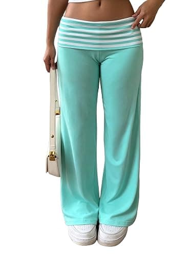 Kavmyre Teal Fold Over Pants Striped Cutecore Foldover Sweatpants 2000S | Teal Pants, Low Rise Yoga Pants, Straight Leg, Relaxed Fit, Cute Streetwear, Casual, Lounge, 2000S - Image 1