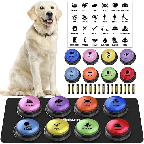 Dog Buttons for Communication,8 PCS 30s Recordable Voice Pet Training Button,with Training Manual Book+16 AAA Batteries+24 Scene Modes+1Dog Button Mat (Dog Buttons for Communication) - Image 1