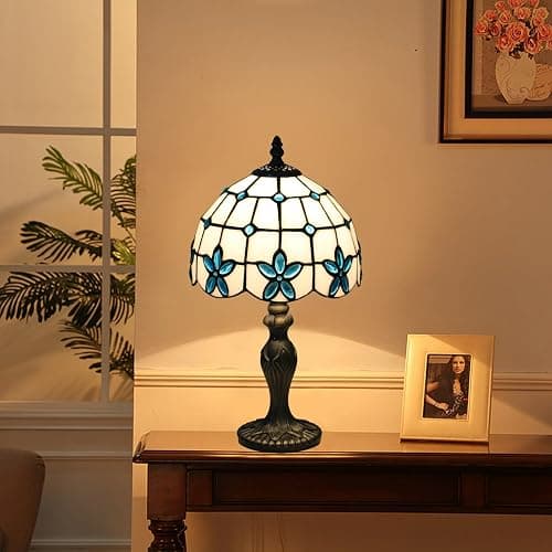 tuomoxte Tiffany Style Table Lamp, 8 Inch Stained Glass Lamp, Small Antique Table Lamp, Bedside Nightstand Lamp for Bedroom,Living Room Home Office, Blue Flower Pattern, Include LED Bulb thumbnail 5