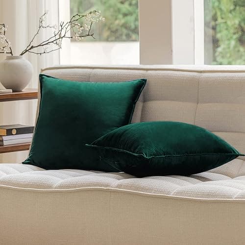 JIAHANNHA Velvet Emerald Green Throw Pillow Covers 18x18 Inches Pack of 2 Soft Decorative Square Cushion Covers for Couch Sofa Bed Livingroom Car,45x45Cm,Deep Dark Green - Image 1