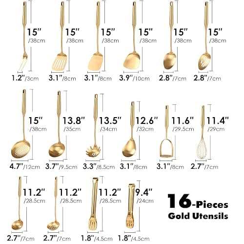 Gold Cooking Utensils Set - 18/10 Stainless Steel Small and Large Spoons Set, 16 PCS All Metal Kitchen Tools, Serving Utensils - Whisk, Masher, Fork, Tongs, Spatula, Turner, Ladle, Skimmer, Pasta thumbnail 3