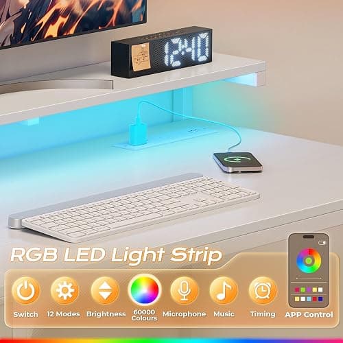 PRAISUN 47.2 Inch Gaming Desk with LED Lights & Power Outlets | Computer Desk with Drawer & Storage Shelves, Office Writing Desk with Monitor Stand for Work from Home, White thumbnail 6