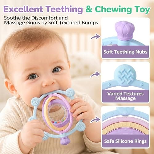 Baby Ring Teething Toys with Rattle for 3 Months+, BPA-Free, Blue | Easy to Grip Silicone Sensory Teether Toys, with 360° Textured Bumps for Gum Massage, Boys Girls Gift thumbnail 3