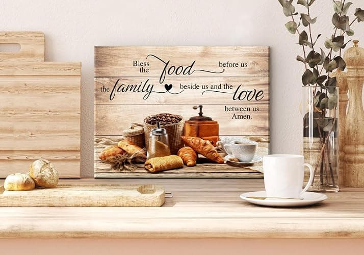 Christian Wall Art Kitchen Wall Decor Bless The Food Quote Dining Room Pictures Rustic Coffee Art Wall Decor Farmhouse Canvas Prints Painting Family Artwork for Restaurant Home Decoration 12x16" thumbnail 4