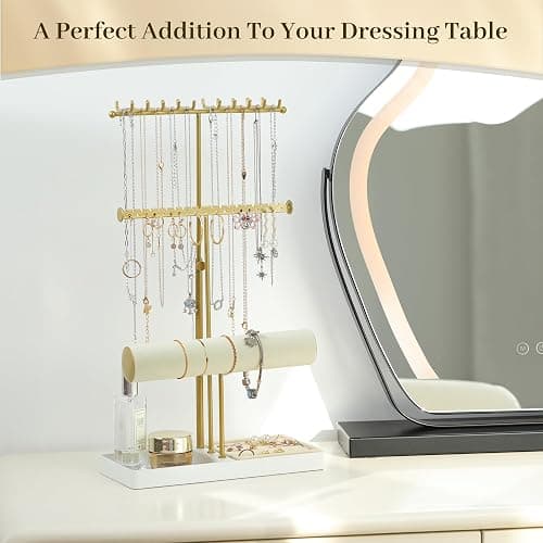 3-Tier Adjustable Jewelry Holder Organizer Stand with 20 Necklace Hooks, 18 Earring Holes and Notches, Bracelet Holder, 6 Ring Rolls, Jewelry Tray for Girls, Women thumbnail 5