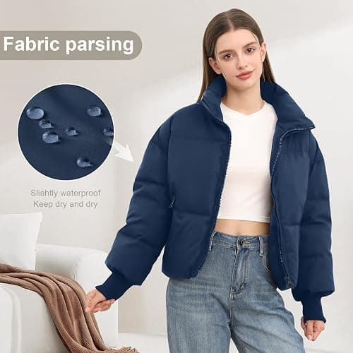 Women’s Winter Cropped Puffer Jacket Coat Casual Quilted Baggy Long Sleeve Zip Down Jackets Outerwear thumbnail 2