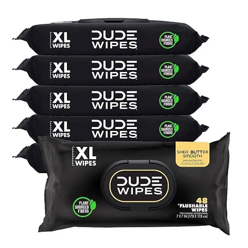 DUDE Wipes Shea BUTTer Flushable Wipes - Extra-Large Adult Wet Wipes - 6 Pack (288 Count) - Infused with Coconut Oil, Vitamin E, and Aloe - Septic and Sewer Safe - Image 1