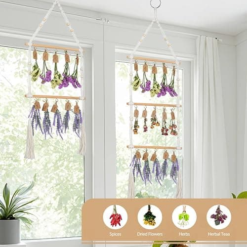 OtGalk 2-Tier Hanging Herb Drying Rack – Includes 30 Brown Gift Tags & 32ft Natural Jute Twine – Handwoven Boho Style Plant Hanger for Drying Herbs, Flowers, Sage – 37" Tall, Home Décor & Gift Idea thumbnail 7