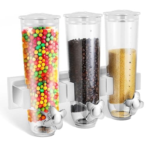 Umigy 1 Pcs Candy Dispenser Wall Mounted, Triple Dry Cereal Grain Dispenser Machine Wall Mount, Food Storage Container for Pantry Snack with 3 Cup for Kitchen, 39 oz (White) - White - 1 - Image 1