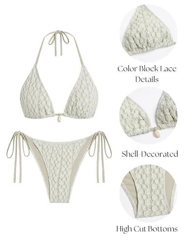 ZAFUL Women's Triangle Bikini Halter String Bikini Set Sexy Lace Cheeky Two Piece Swimsuit Bathing Suits thumbnail 6