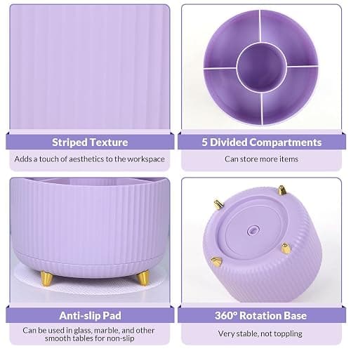 SKYDUE 360 Rotating Purple Pen & Art Supply Organizer - 5 Slot Desk Organizer for Office, School, Home thumbnail 4