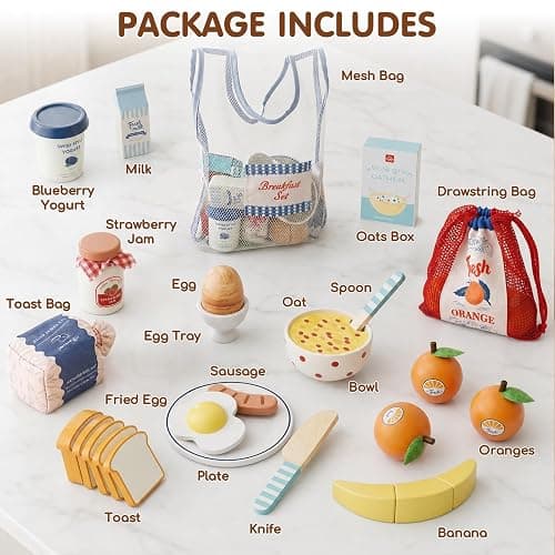 Lehoo Castle Wooden Play Food Set - Montessori Cutting Fruit Egg Bread, Pretend Breakfast Food Toys for Kids Kitchen, Educational Toddler Toys 3-5 Years, with Storage Bag, Birthday Gift for Boys Girls thumbnail 7