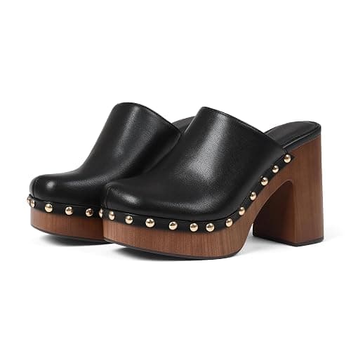 Oiamenne Womens Platform Clogs Mules Chunky High Heeled Sandals Round Toe Slip On Slides Rivet Studded Heels for Women Casual Comfy Shoes thumbnail 4