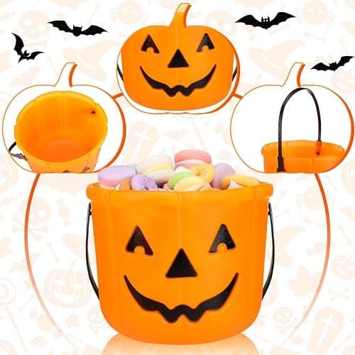 Jenaai 12 Halloween Trick or Treat Buckets Halloween Pumpkin Buckets Halloween Party Favors Pumpkin Face Candy Basket Plastic Pail Candy Bowl Holder with Handle or Party Decoration (Orange) thumbnail 4