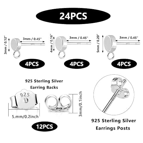 12Pcs Flat Sterling Silver Post with Earring Hook, 3/4/5mm Ear Studs with Loop Hypoallergenic 925 Sterling Silver Earrings Findings Dangle Studs Posts Butterfly Backs Supplies Jewelry Making Set thumbnail 3