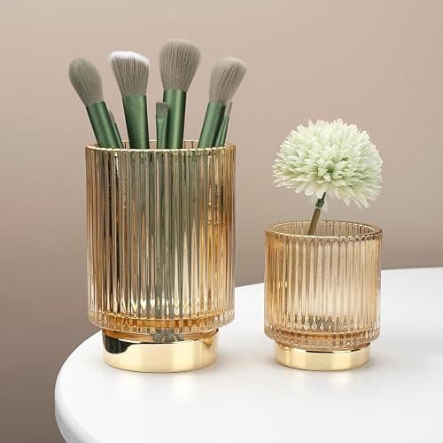 BTGGG Makeup Brush Holder 2 Pack Glass Cosmetic Makeup Brush Organiser for Vanity, Eyeliners, Eyebrow Pencil, Bathroom Toothbrush Holder, Office Storage Cup Desk Pen Holder, Amber (S+L) thumbnail 8