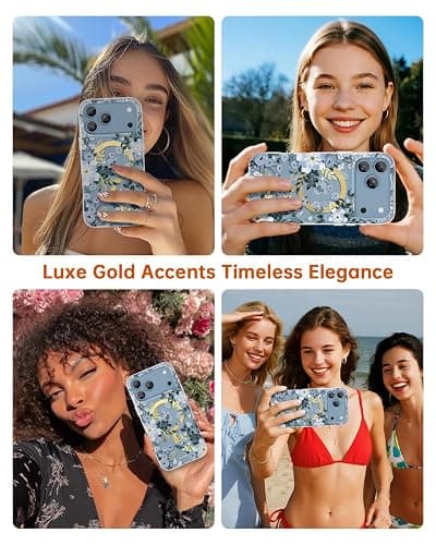 SCORPIFY for iPhone 17 Pro Case [Compatible with MagSafe] with Blue Nemophila Floral Design, Cute Clear Flower Magnetic Phone Cover for Women Girls,[Non Yellowing] Slim Bumper with Gold Accents thumbnail 5