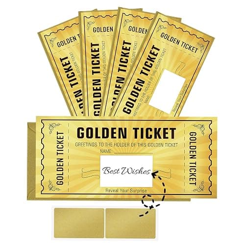 WenmthG 5 Sets Golden Ticket With Envelope, Scratch Card Surprise Gift Reveal for Birthday, Wedding, Concert, Cinema Voucher, Raffle Gift - 5 Pcs - Image 1