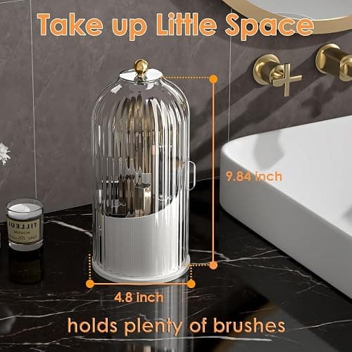 YOOLENS Makeup Brush Holder with Lid 360 Rotating Clear Dustproof Make Up Organizers for Vanity Bathroom Countertop, Transparent thumbnail 2