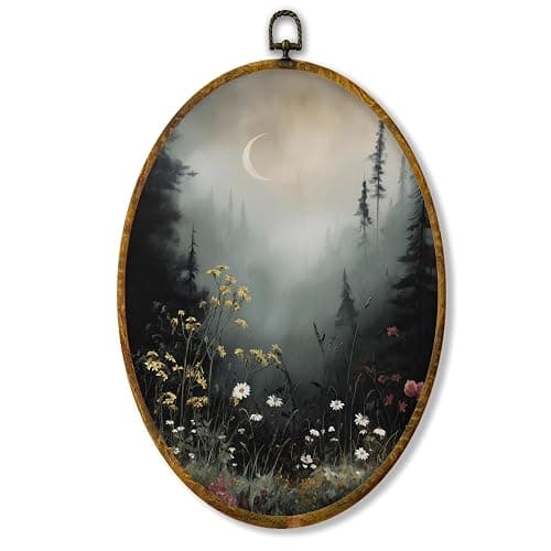 Hiuwevt Vintage Moody Forest Moon Oval Wall Art Decor, Dark Cottagecore Flower Field Framed Canvas Prints, Rustic Landscape Oval Wall Hanging Decor for Home Bedroom Decorations, 8.6x11.4 Inches - Image 1