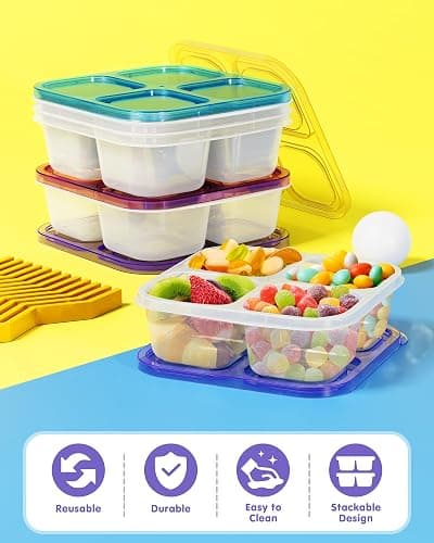 Canfanni 5 Pcs Bento Snack Containers, Reusable 4 Compartment Divided Food Storage Containers, Divided Lunchable Container for School, Work and Travel (All Transparent) thumbnail 7