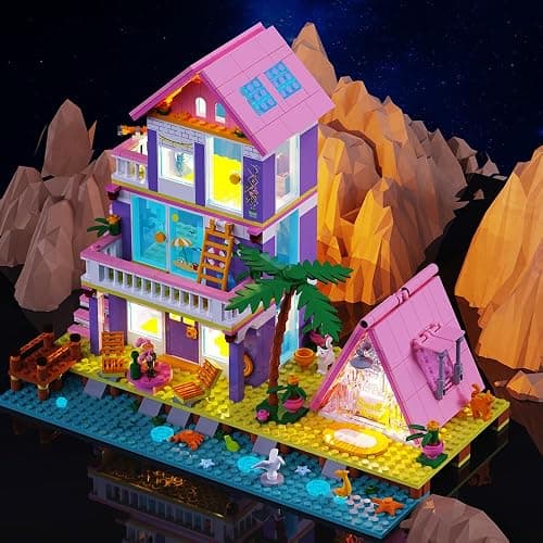 Girl Beach House Building Blocks Toys for Girls Age 8+, Seaside Villa Friends Building Set with Light, 791pcs Mini Bricks - Pink thumbnail 2