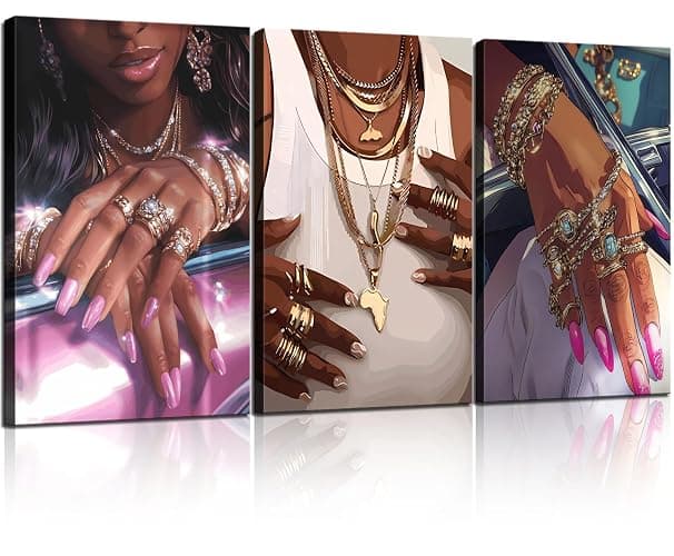 NCYEL 3Pcs Black Girls Wall Art African American Fashion Canvas Print Luxury Shiny Picture Gold Jewelry Decorative Prints Posters Bedroom Living Room Salon Artwork 12X16Inch - Image 1