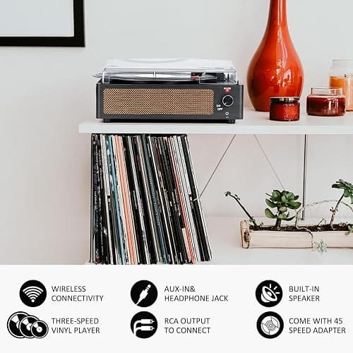 Vinyl Record Player with Speakers Vintage Turntable for Vinyls Records Belt-Driven Turn Table Support 3-Speed, Wireless Playback, Headphone, AUX-in, RCA Line LP Phonograph for Sound Enjoyment Black thumbnail 6