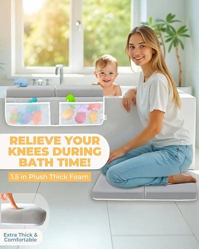 Comfortable Baby Bath Kneeler and Elbow Rest Pad Set – Thick Memory Foam Bath Kneeling Pad with Elbow Support – Baby Bathtub Cushion with Toy Organizer for Bathing Infant or Toddler - Grey thumbnail 3