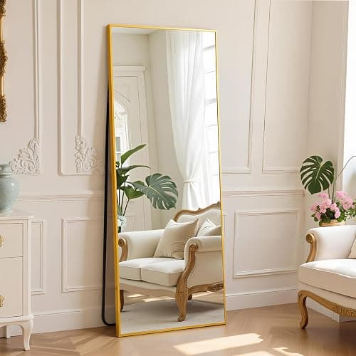 DUMOS Full Length Mirror with Stand 64"x21" Floor Standing Aluminum Frame for Bedroom Body Hanging Leaning Modern Simple Home Decor Shatter-proorf Nano Glass Wall Living Room Cloakroom Gold - Image 1