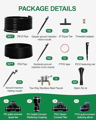 IRRIGARDENER Drip Irrigation System, Automatic Garden Watering System with 180FT 1/2” & 1/3” Tubing, Dual Faucet, Adjustable Nozzle Emitters for Garden, Greenhouse, Lawn, Potted Plants thumbnail 2